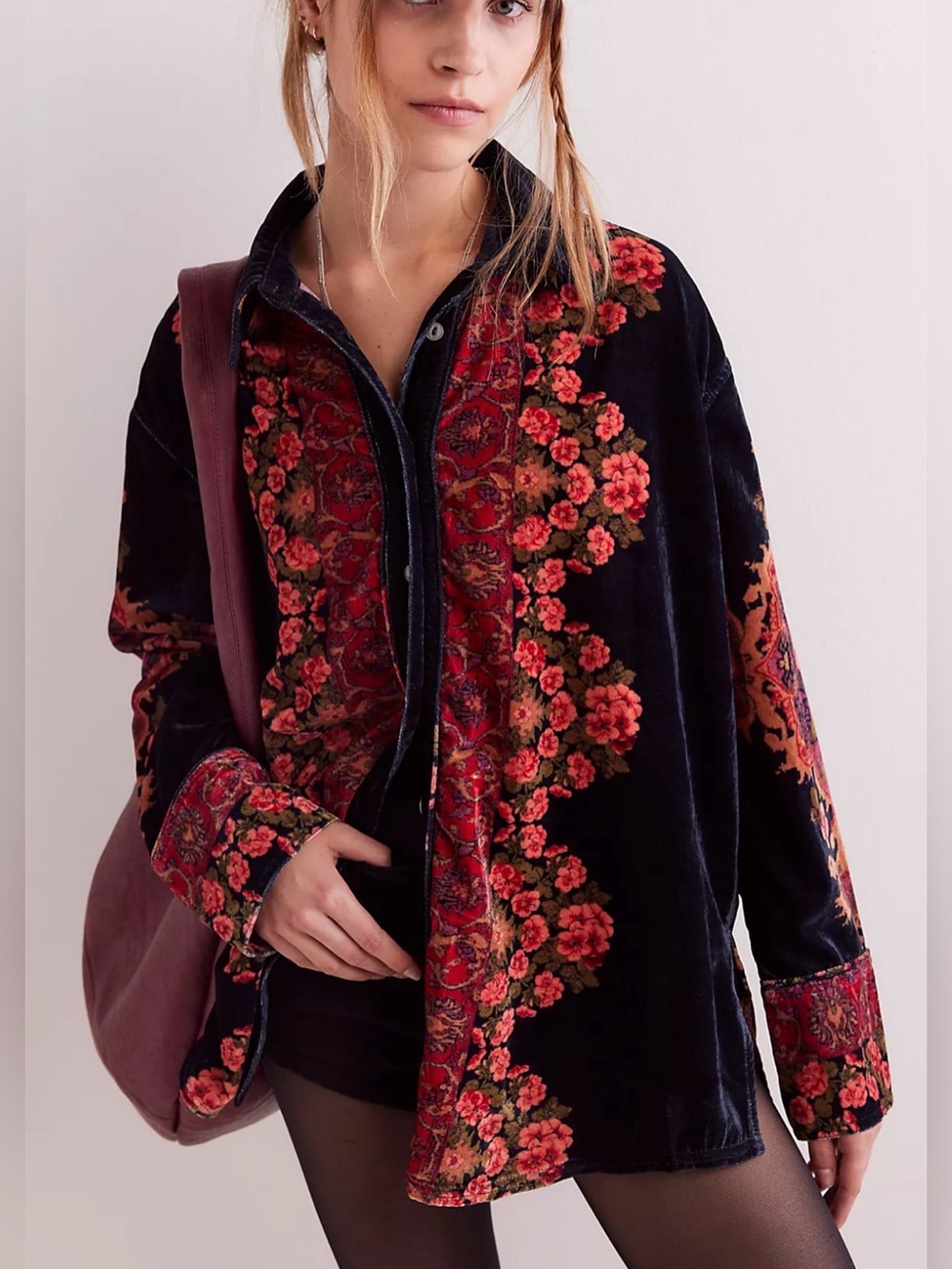 We The Free One Night Velvet Top Black Velvet Button-Down with Red Floral Print - Picture 2 of 10